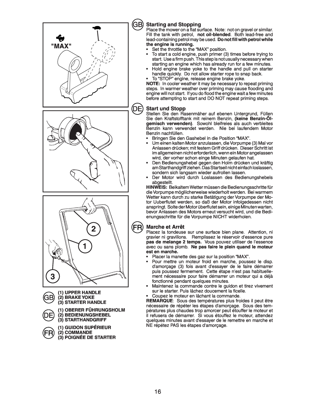 Jonsered LM2153CMD instruction manual Starting and Stopping, Start und Stopp, Marche et Arrêt 