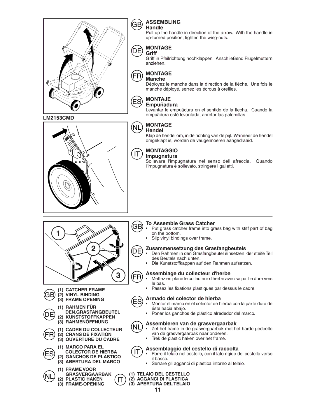 Jonsered LM2153CMDA Handle, Griff, Manche, Empuñadura, Hendel, Impugnatura, Zusammensetzung des Grasfangbeutels 