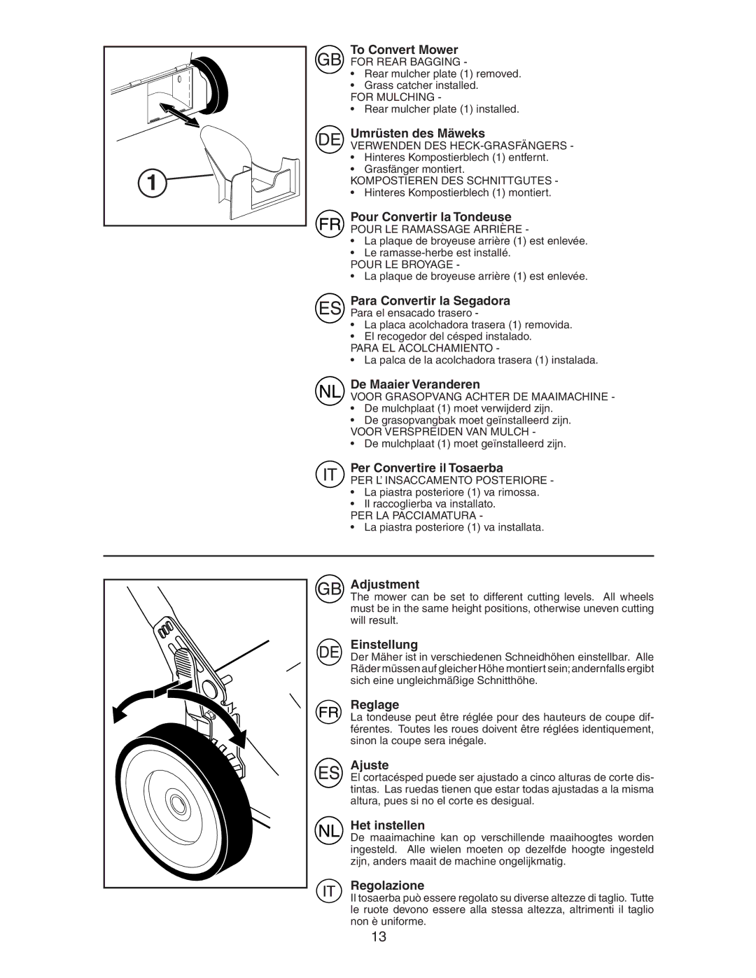 Jonsered LM2153CMDA To Convert Mower, Umrüsten des Mäweks, Pour Convertir la Tondeuse, Para Convertir la Segadora, Reglage 