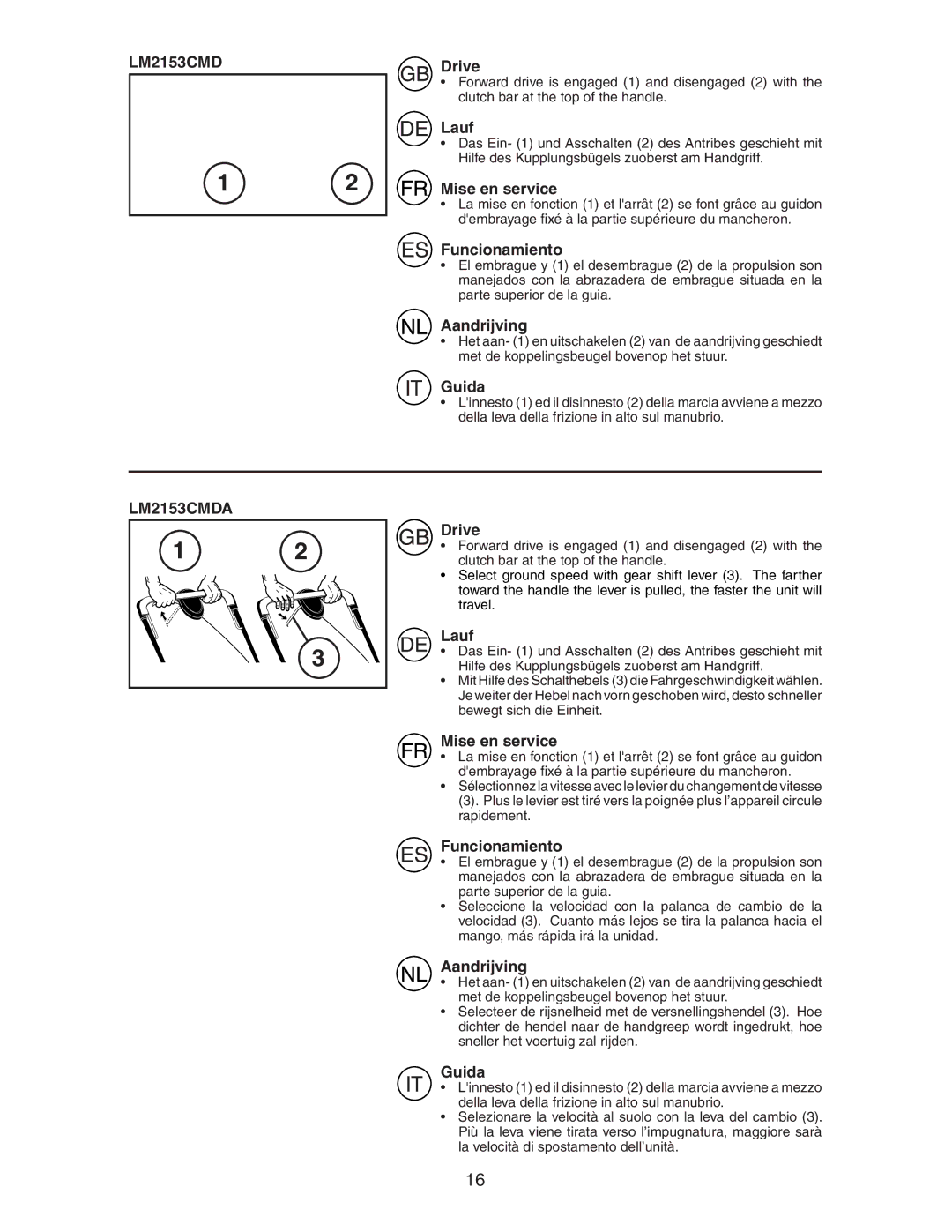 Jonsered LM2153CMDA instruction manual Lauf, Funcionamiento, Aandrijving, Guida, Drive, Mise en service 