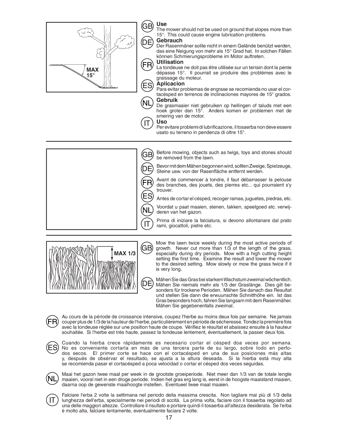 Jonsered LM2153CMDA instruction manual MAX Use, Gebrauch, Utilisation, Aplicacion, Gebruik, Uso, MAX 1/3 