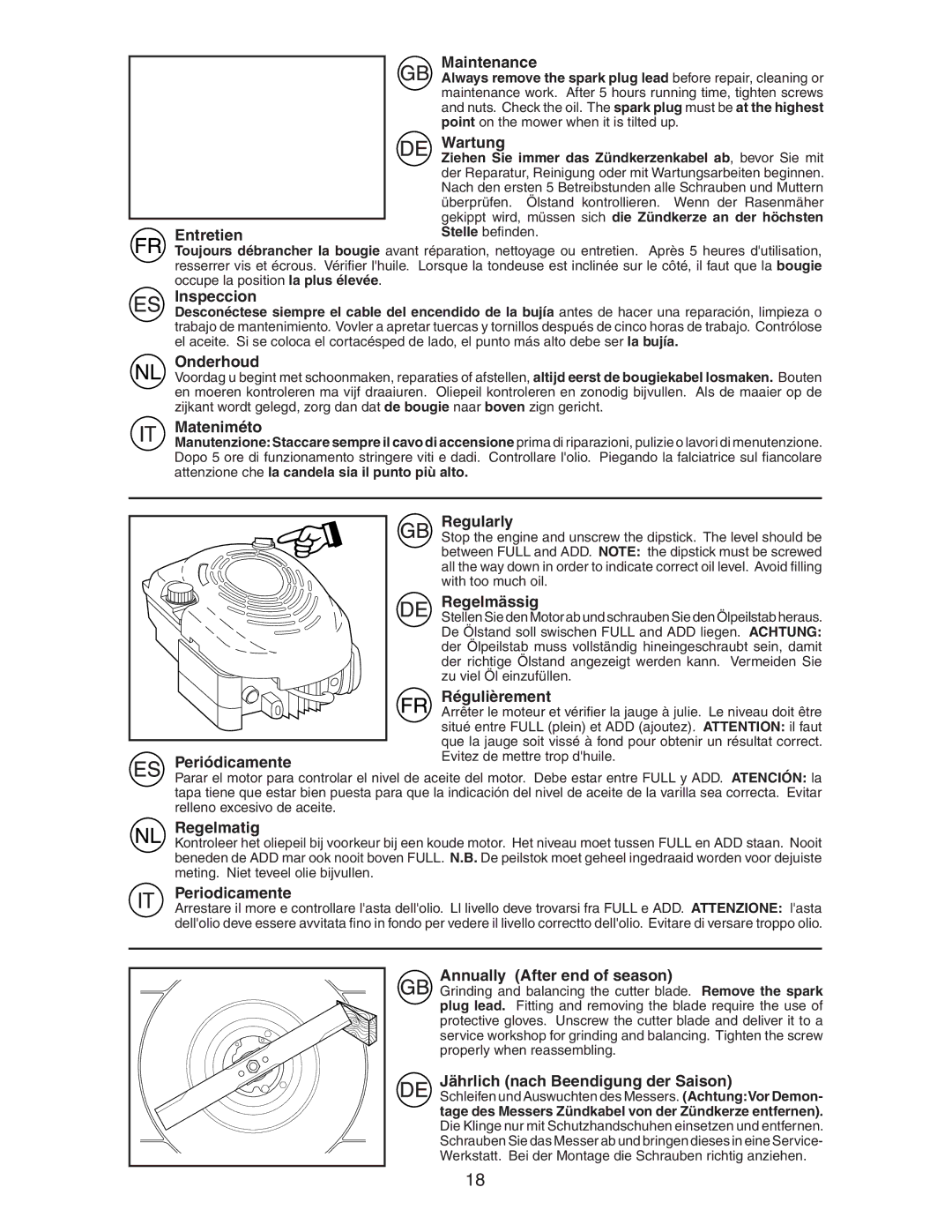 Jonsered LM2153CMDA Maintenance, Wartung, Entretien, Inspeccion, Onderhoud, Mateniméto, Regularly, Regelmässig, Regelmatig 