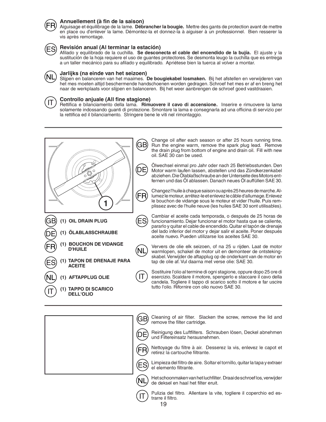 Jonsered LM2153CMDA instruction manual Annuellement à ﬁn de la saison, Revisión anual Al terminar la estación 