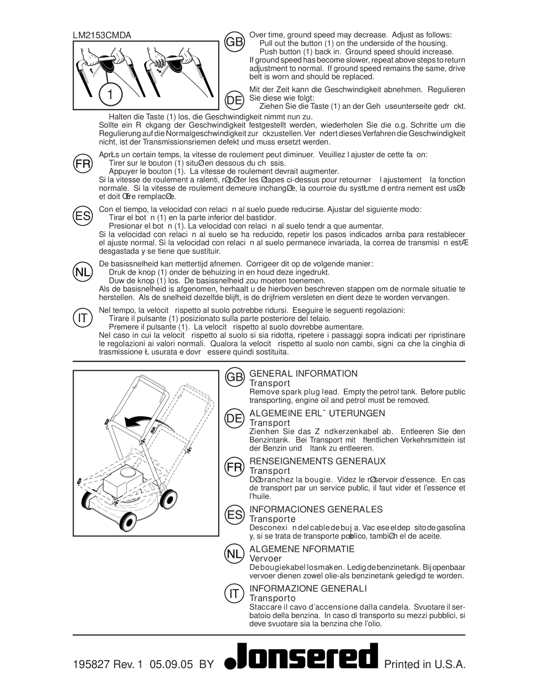 Jonsered LM2153CMDA instruction manual Transporte, Vervoer, Transporto 