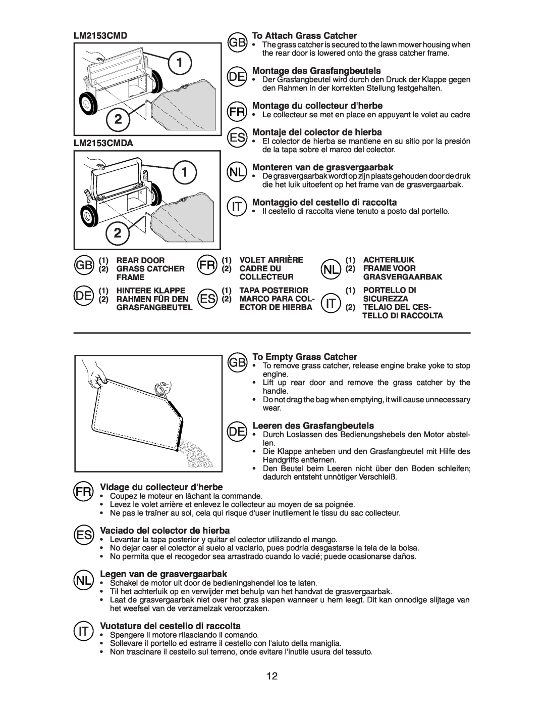Jonsered LM2153CMDA instruction manual To Attach Grass Catcher, Montage des Grasfangbeutels, Montage du collecteur dherbe 