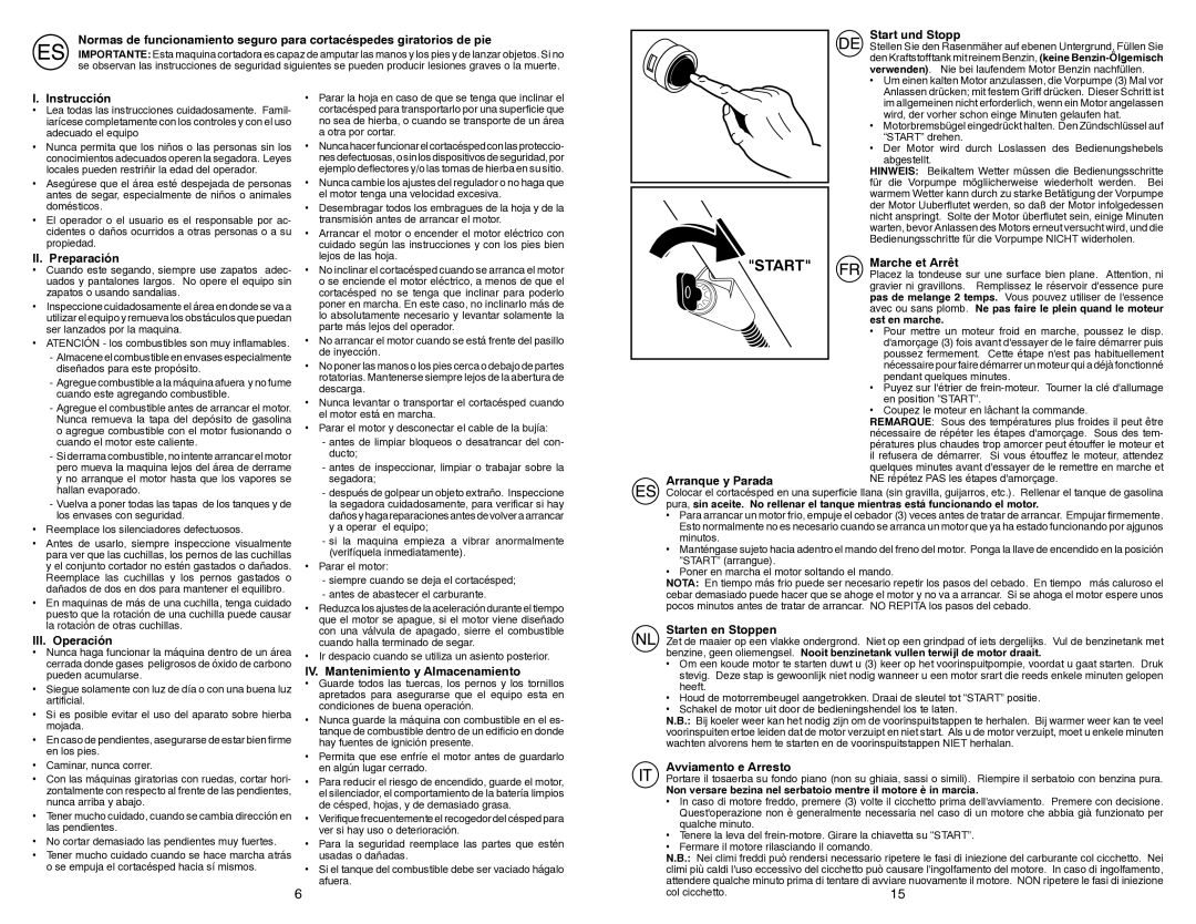 Jonsered LM2153CMDAE Start und Stopp, Instrucción, II. Preparación, Arranque y Parada, Marche et Arrêt, III. Operación 