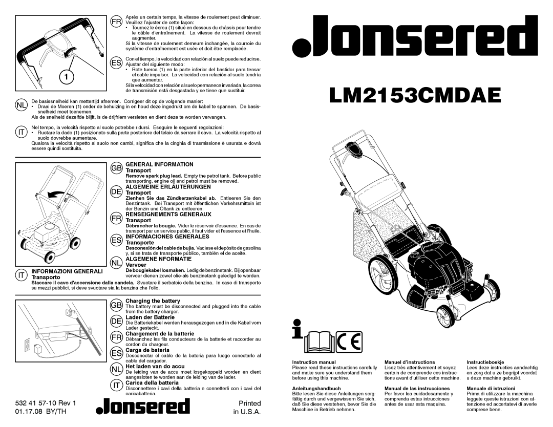 Jonsered LM2153CMDAE instruction manual 532 41 57-10 Rev, Printed, 01.17.08 BY/TH, in U.S.A 
