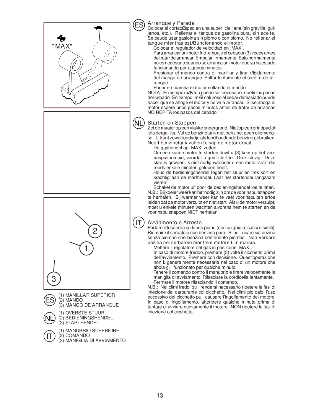 Jonsered LM2155MD instruction manual Arranque y Parada, Starten en Stoppen, Avviamento e Arresto 