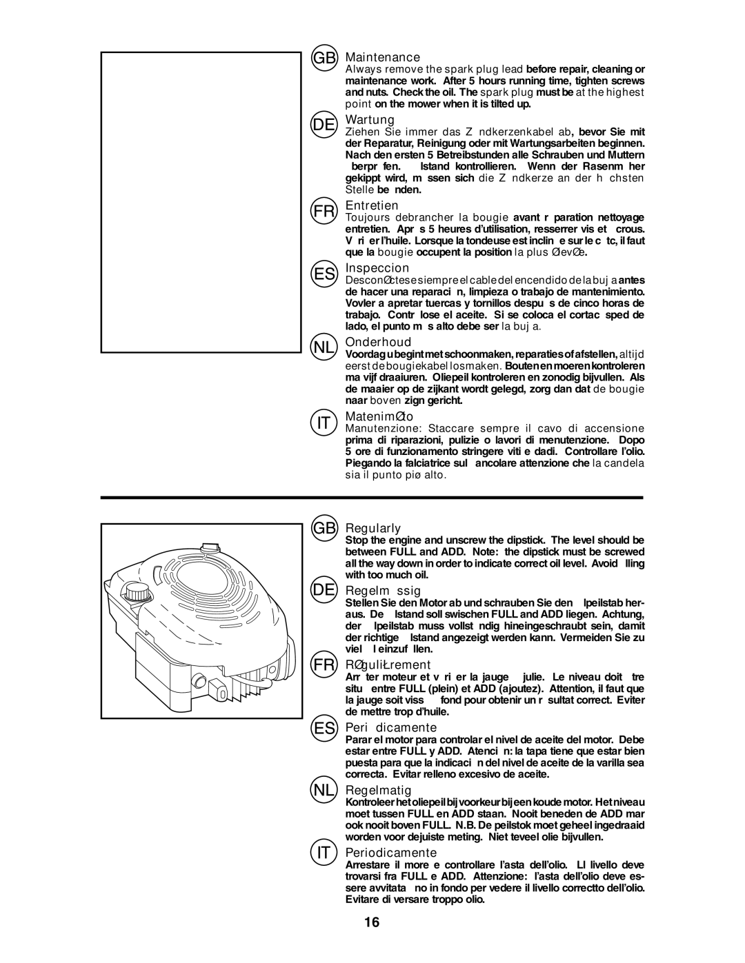 Jonsered LM2155MD Maintenance, Wartung, Entretien, Inspeccion, Onderhoud, Mateniméto, Regularly, Regelmässig, Regelmatig 