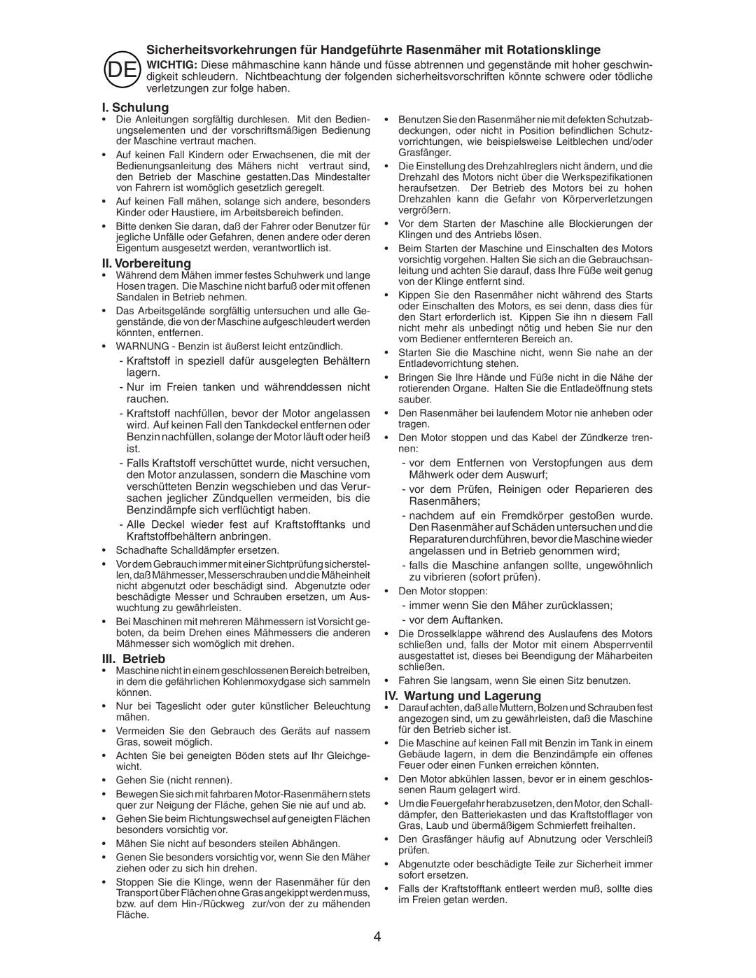 Jonsered LM2155MD instruction manual Schulung, II. Vorbereitung, III. Betrieb, IV. Wartung und Lagerung 