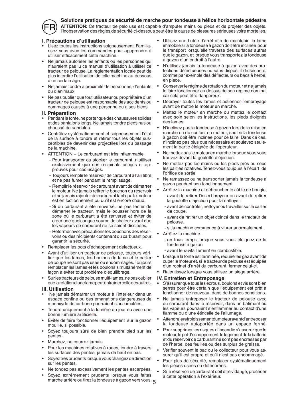 Jonsered LM2155MD Précautions d’utilisation, II. Préparation, III. Utilisation, IV. Entretien et Entreposage 