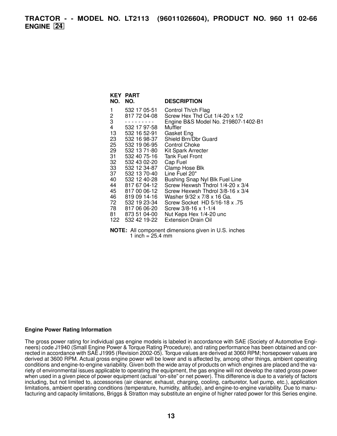 Jonsered LT2113 manual Engine Power Rating Information, Part, Description 