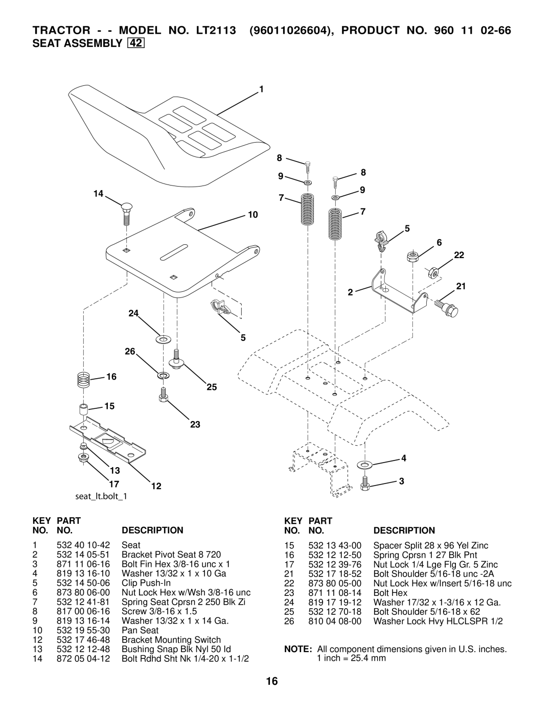 Jonsered Seat Assembly, 532 40, No. No, TRACTOR - - MODEL NO. LT2113 96011026604, PRODUCT NO. 960 11, seatlt.bolt1 