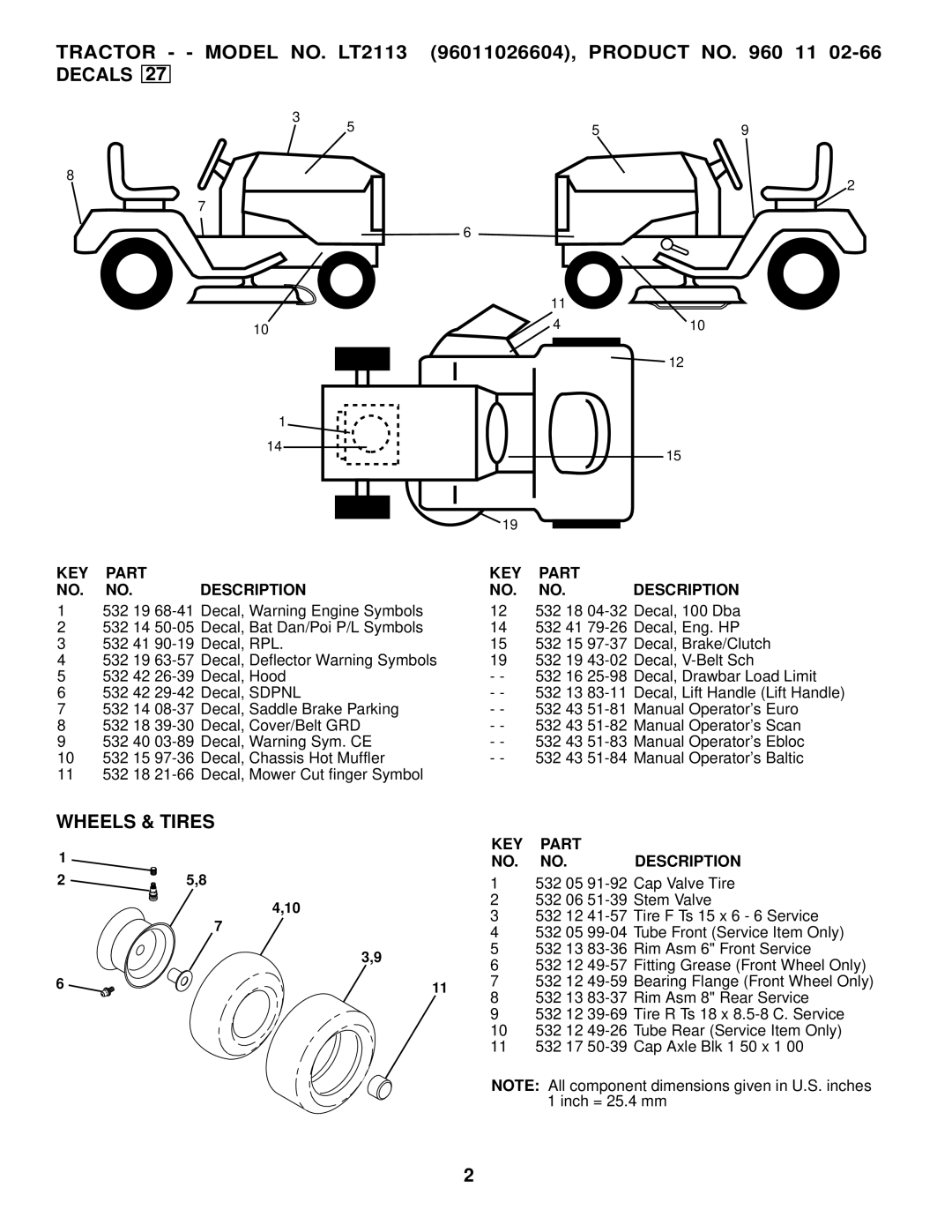 Jonsered LT2113 manual Wheels & Tires, Part, Description, 4,10 