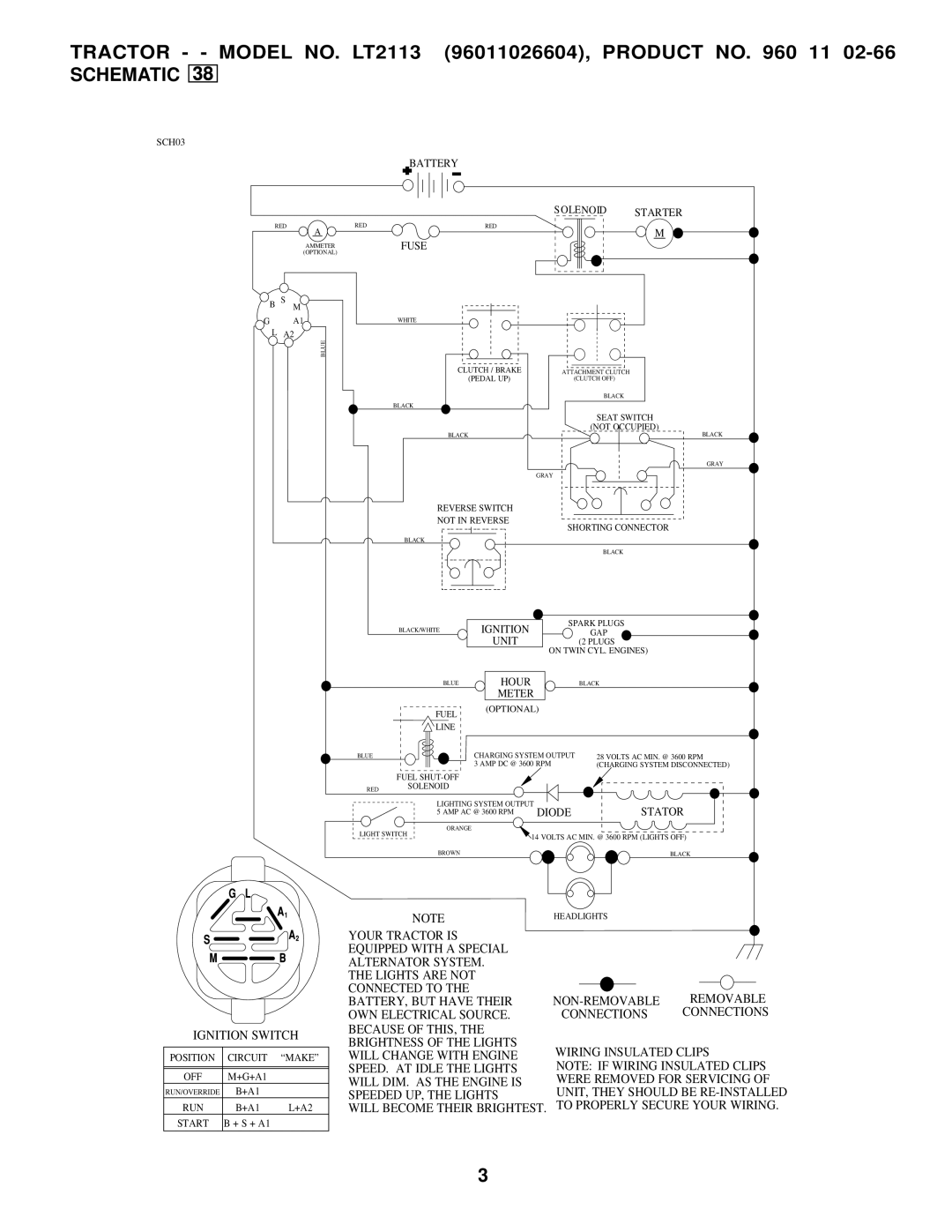 Jonsered manual TRACTOR - - MODEL NO. LT2113 96011026604, PRODUCT NO. 960 11, Schematic, Ignition Switch 