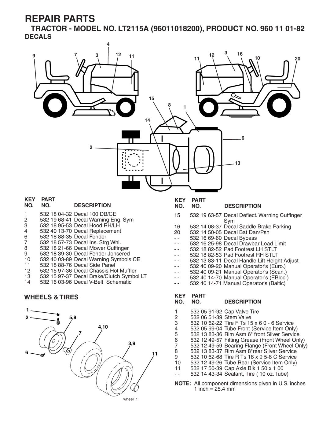 Jonsered LT2115A manual Decals, Wheels & Tires 