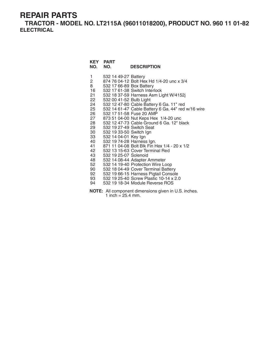 Jonsered LT2115A manual KEY Part NO. NO. Description 