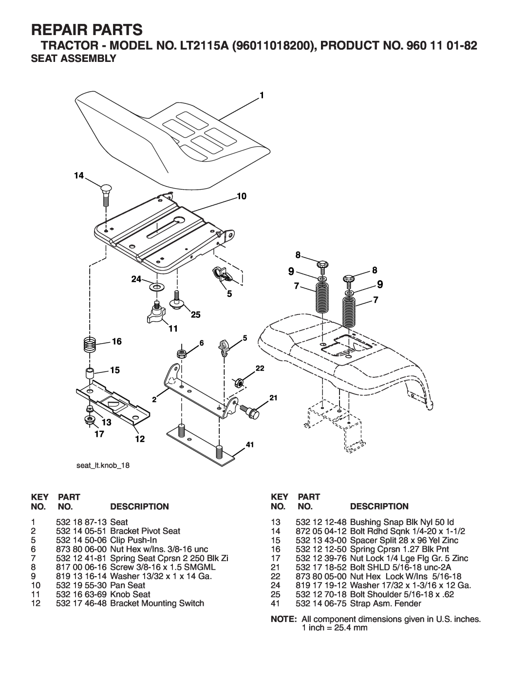 Jonsered manual Seat Assembly, Repair Parts, TRACTOR - MODEL NO. LT2115A 96011018200, PRODUCT NO. 960, Description 
