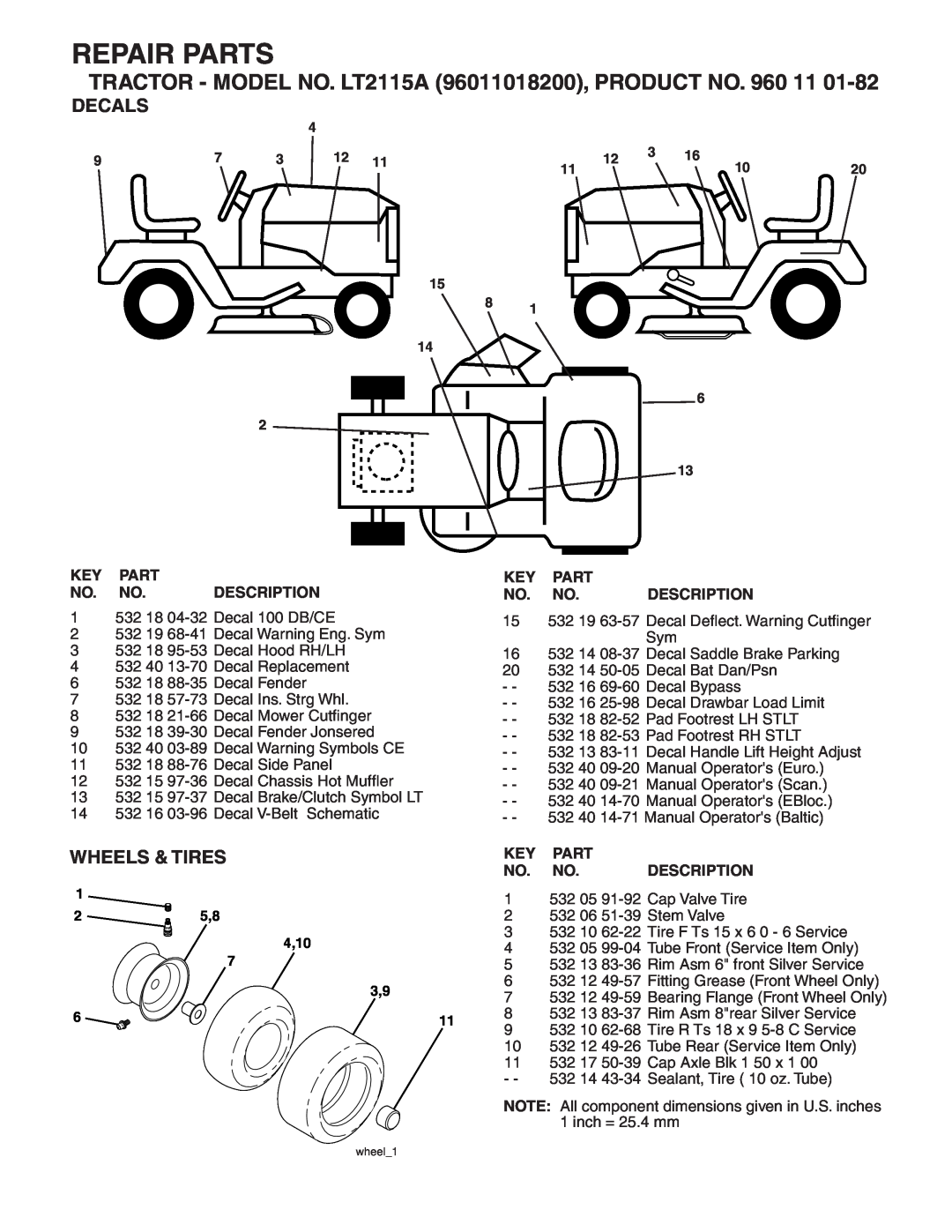 Jonsered LT2115A manual Decals, Wheels & Tires, Description, Repair Parts 