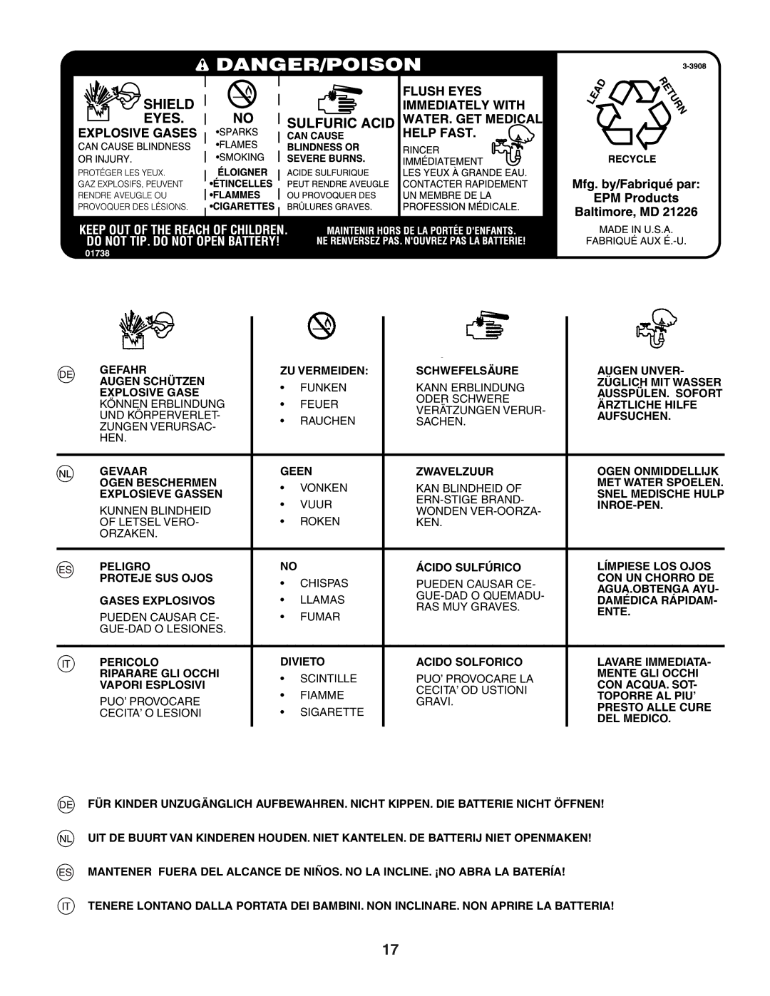 Jonsered LT2117A instruction manual Gefahr ZU Vermeiden Schwefelsäure Augen Unver Augen Schützen 