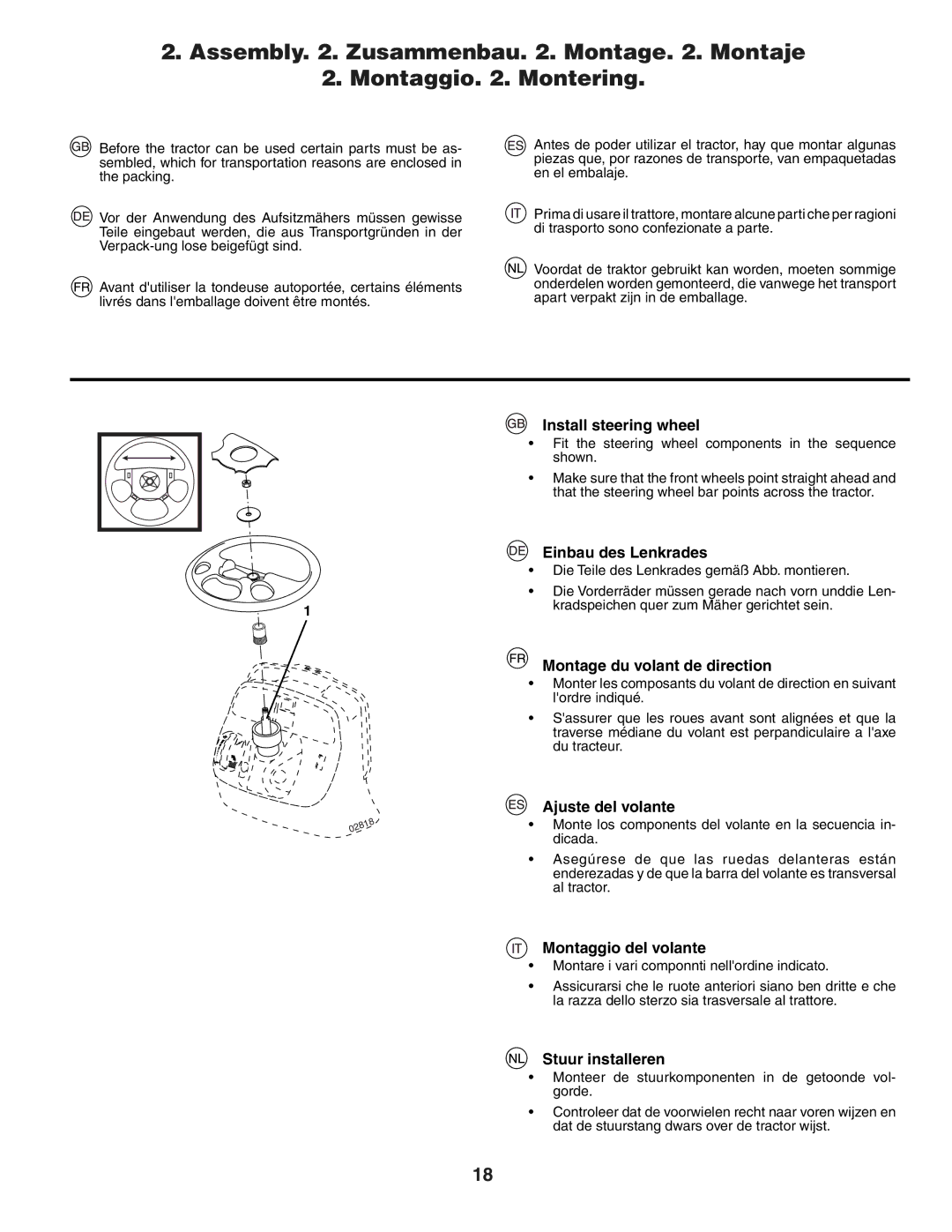 Jonsered LT2117A Install steering wheel, Einbau des Lenkrades, Montage du volant de direction, Ajuste del volante 