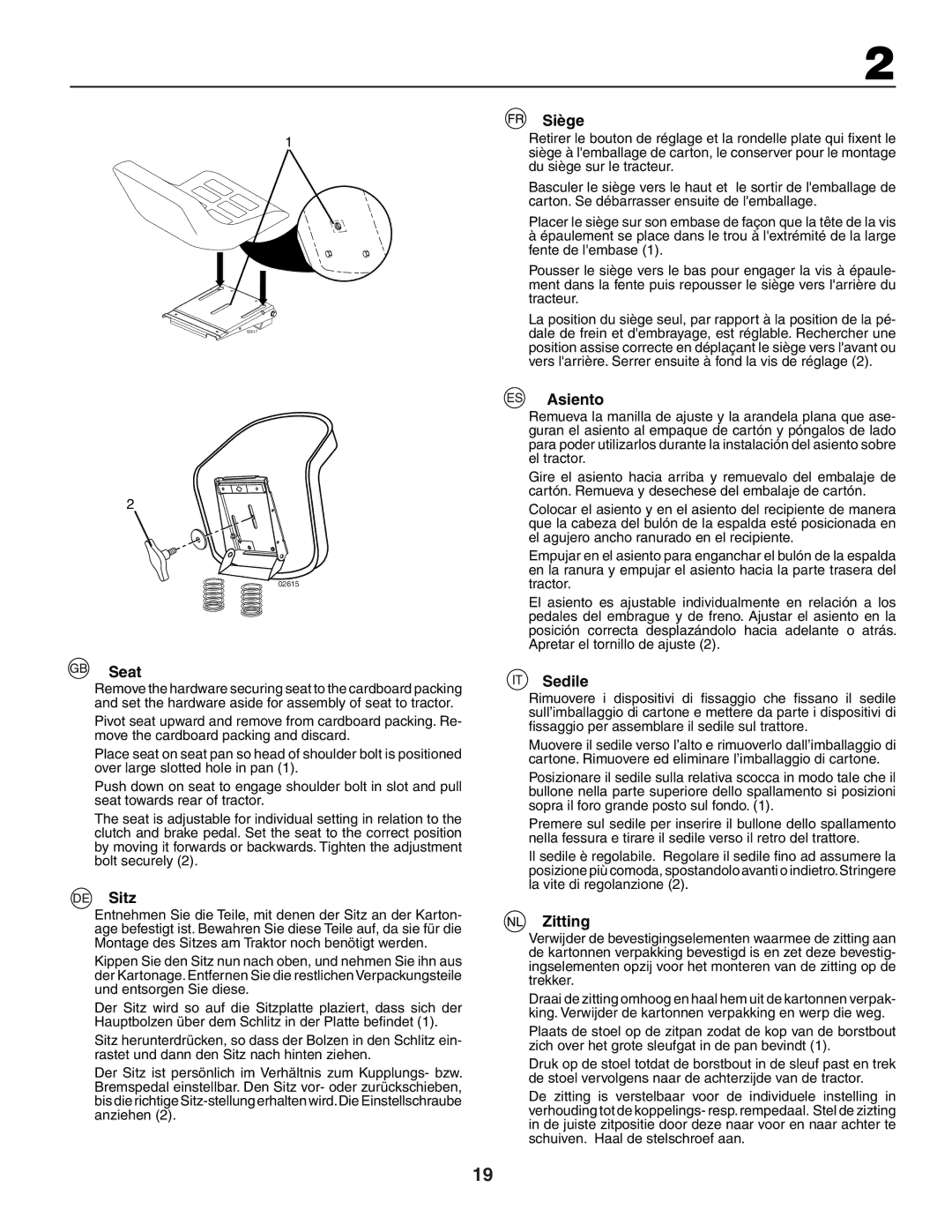 Jonsered LT2117A instruction manual Seat, Sitz, Siège, Asiento, Sedile, Zitting 