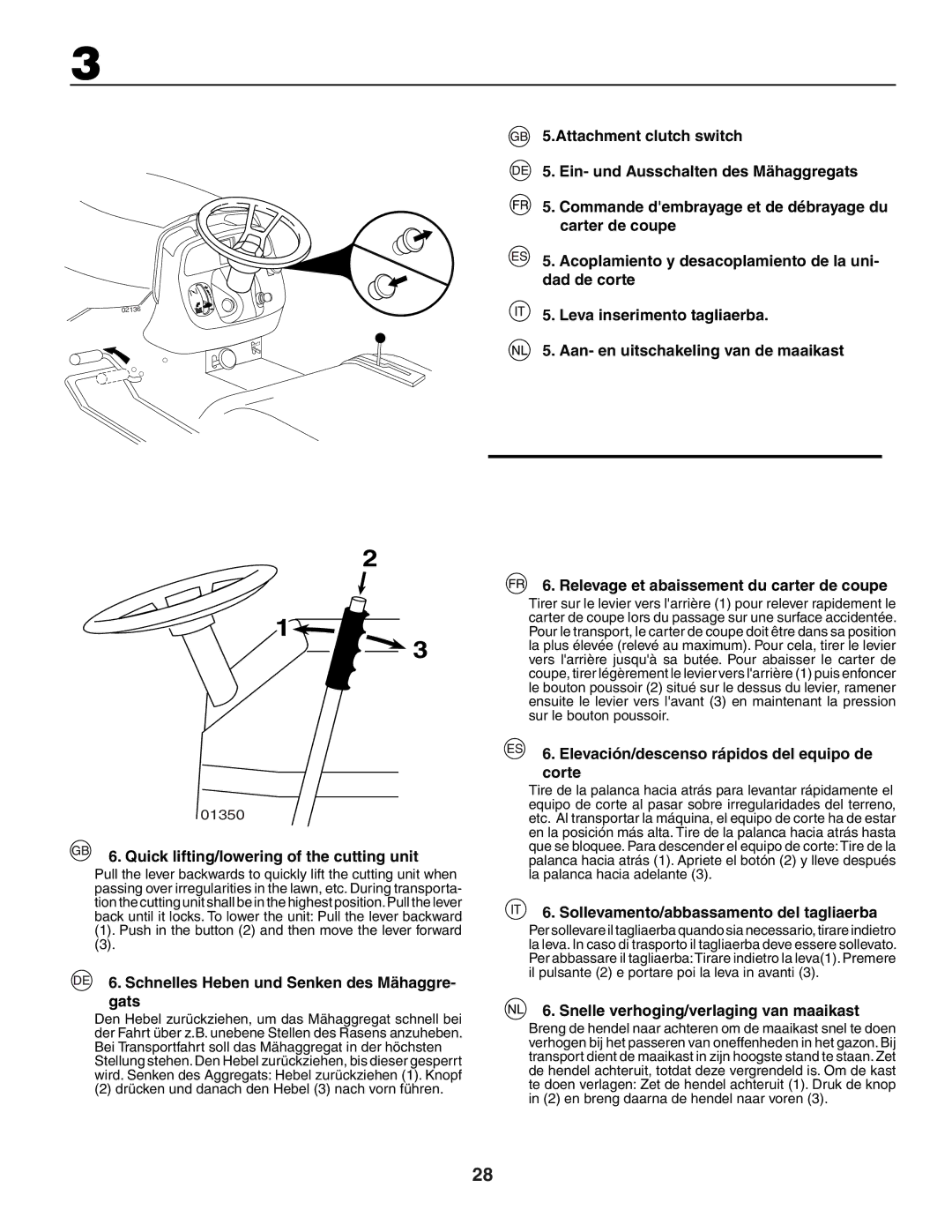 Jonsered LT2117A Relevage et abaissement du carter de coupe, Elevación/descenso rápidos del equipo de corte 