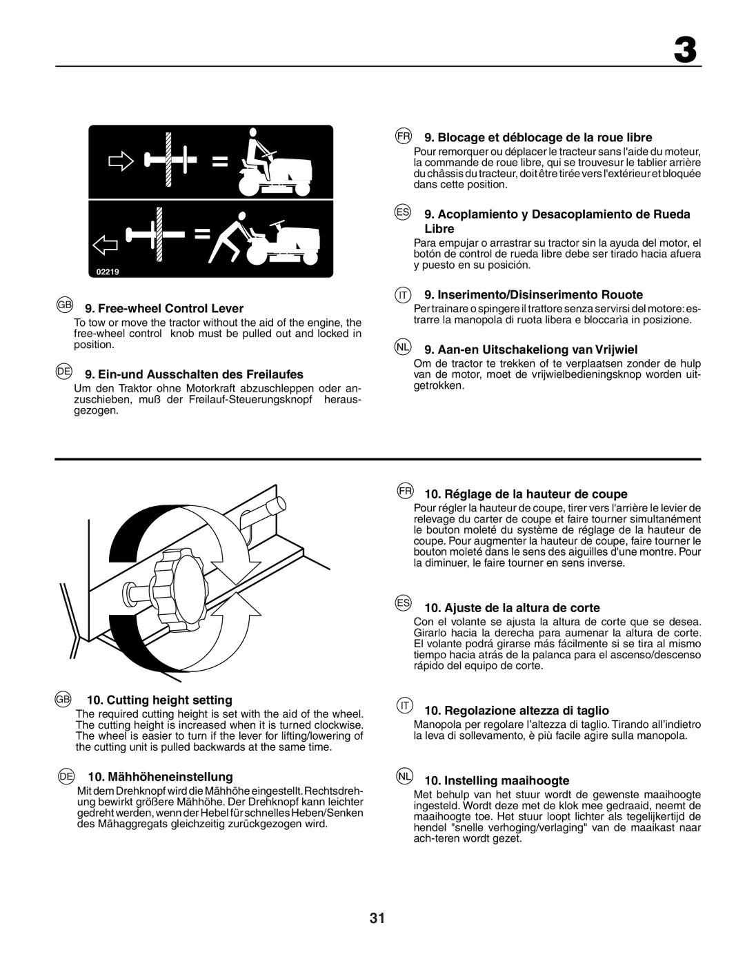 Jonsered LT2117A instruction manual Blocage et déblocage de la roue libre, Acoplamiento y Desacoplamiento de Rueda Libre 