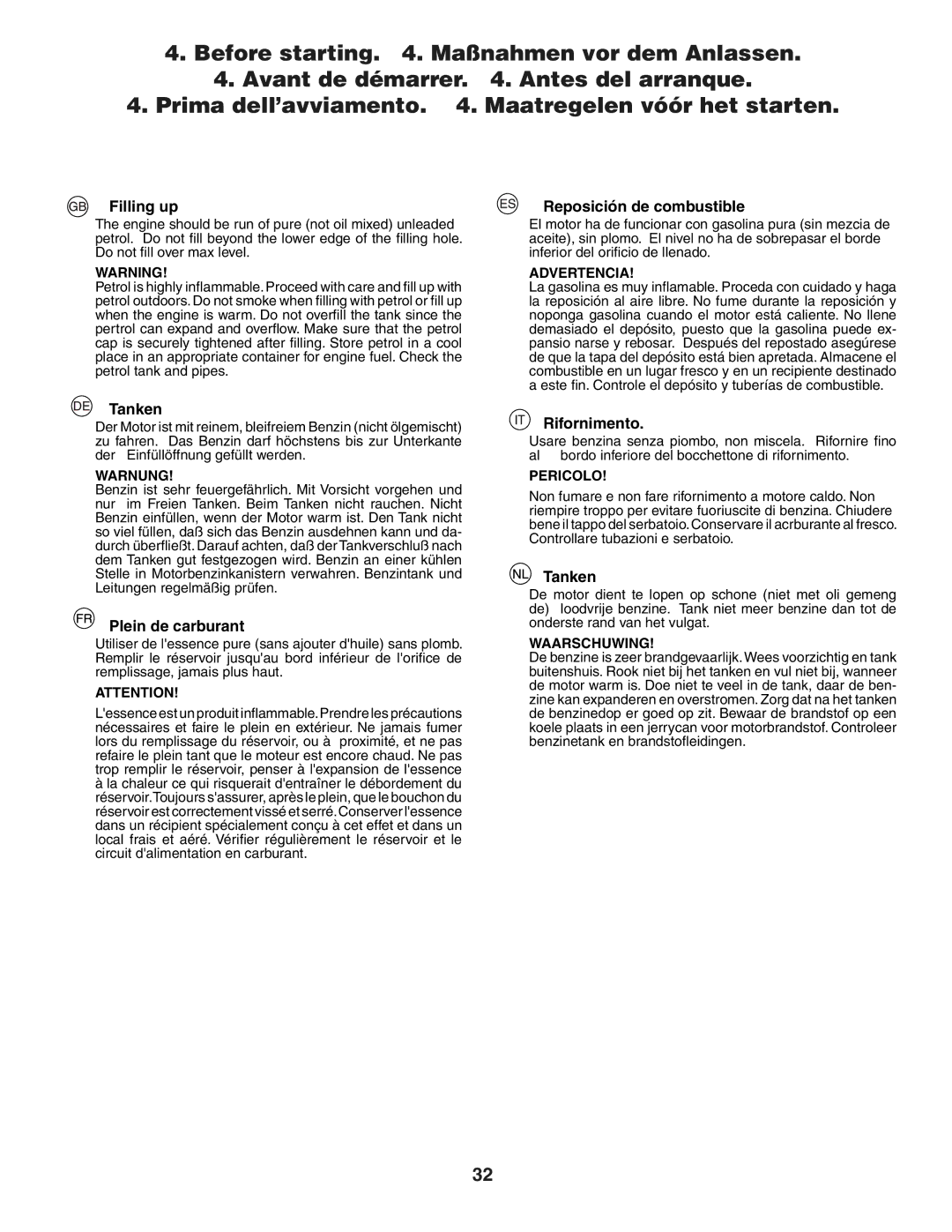 Jonsered LT2117A instruction manual Filling up, Reposición de combustible, Tanken, Plein de carburant, Rifornimento 