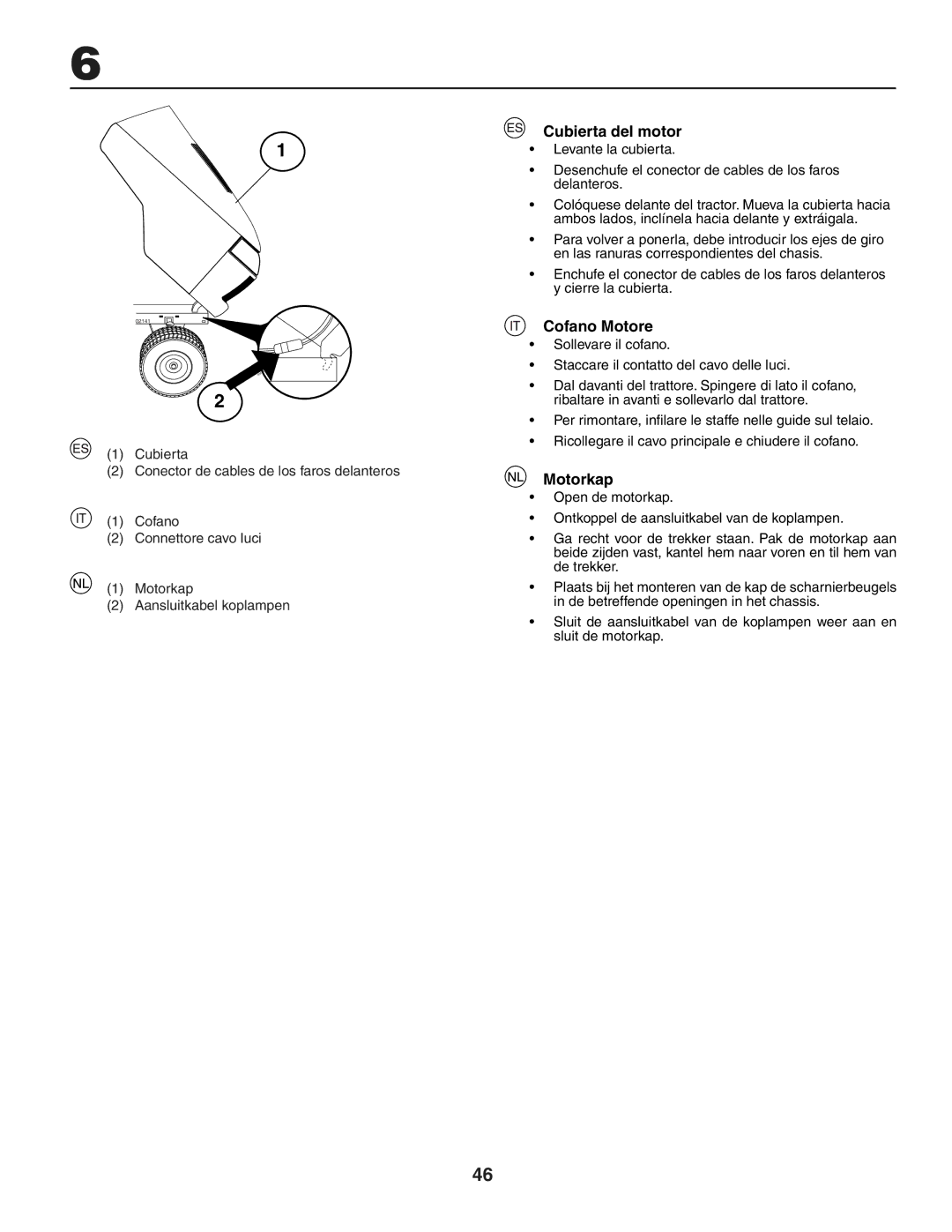 Jonsered LT2117A instruction manual Cubierta del motor, Cofano Motore, Motorkap 