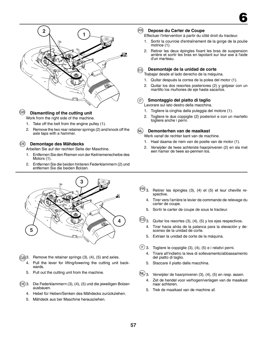 Jonsered LT2117A instruction manual Dismantling of the cutting unit, Demontage des Mähdecks, Depose du Carter de Coupe 