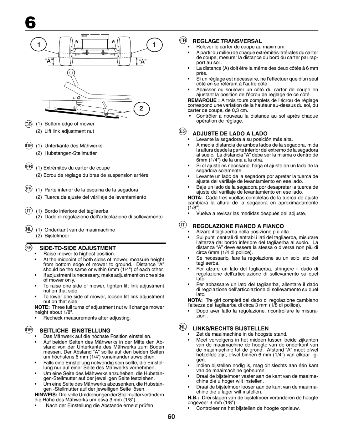 Jonsered LT2117A SIDE-TO-SIDE Adjustment, Seitliche Einstellung, Reglage Transversal, Adjuste DE Lado a Lado 