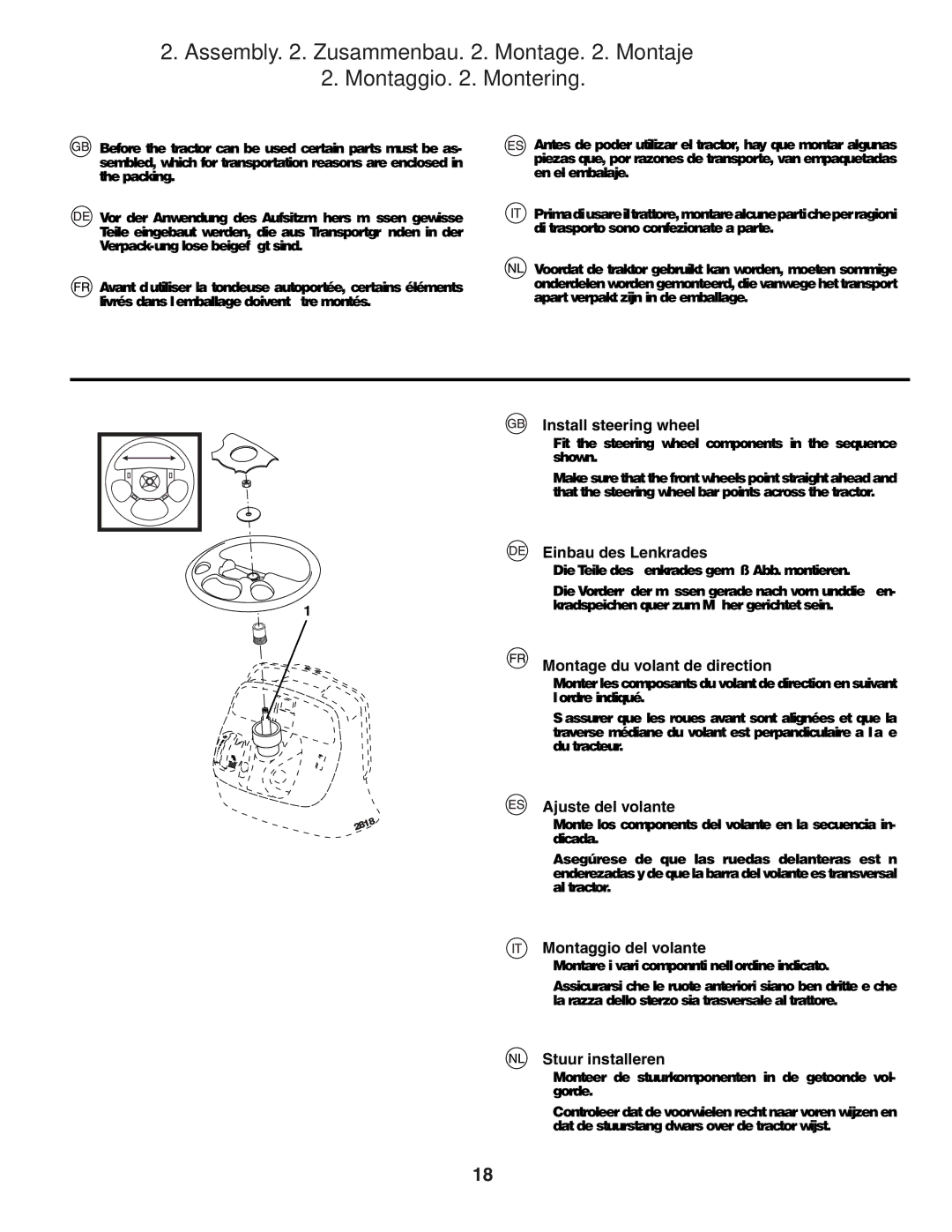 Jonsered LT2118A Install steering wheel, Einbau des Lenkrades, Montage du volant de direction, Ajuste del volante 