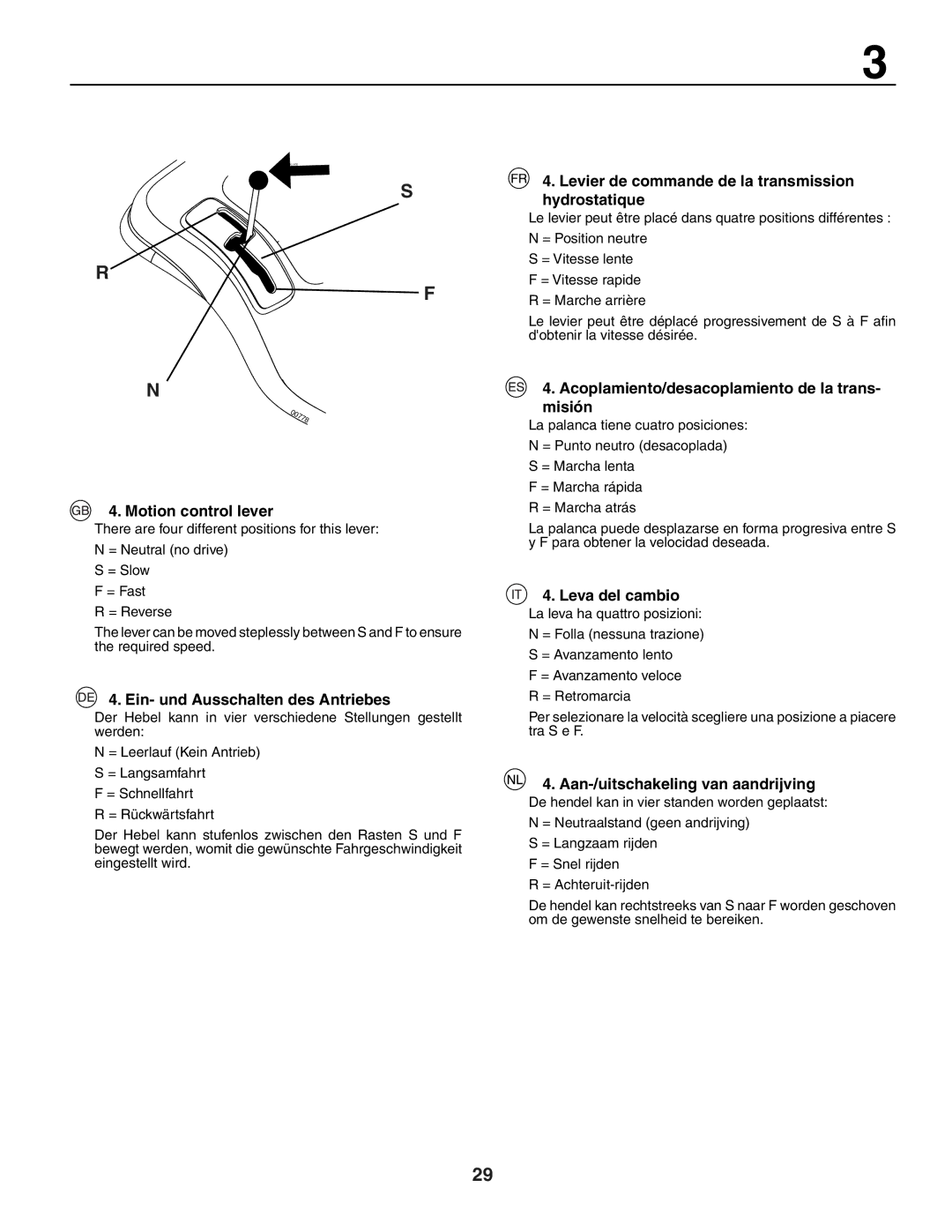 Jonsered LT2118A instruction manual Motion control lever, Ein- und Ausschalten des Antriebes, Leva del cambio 