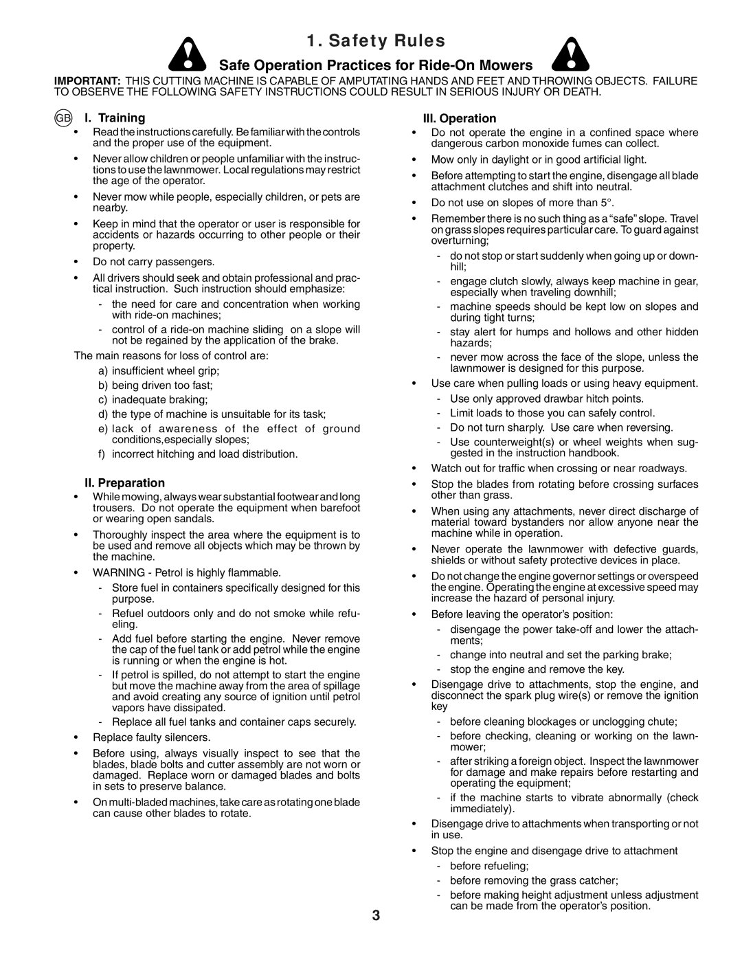 Jonsered LT2118A instruction manual Safety Rules, Training, II. Preparation, III. Operation 