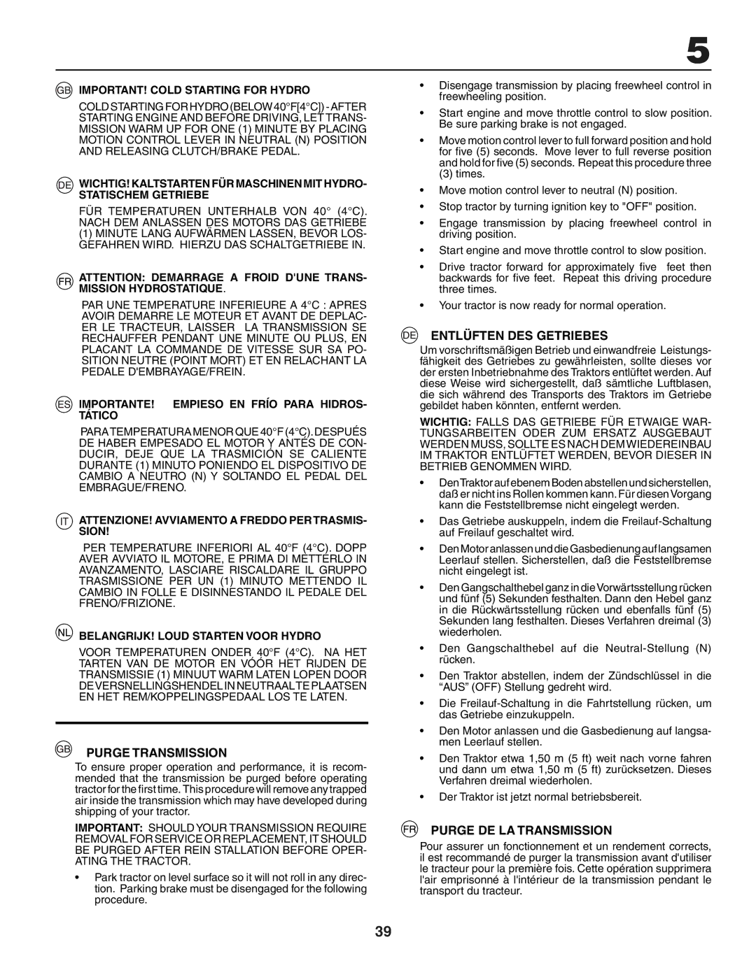 Jonsered LT2118A instruction manual Purge Transmission, Entlüften DES Getriebes, Purge DE LA Transmission 