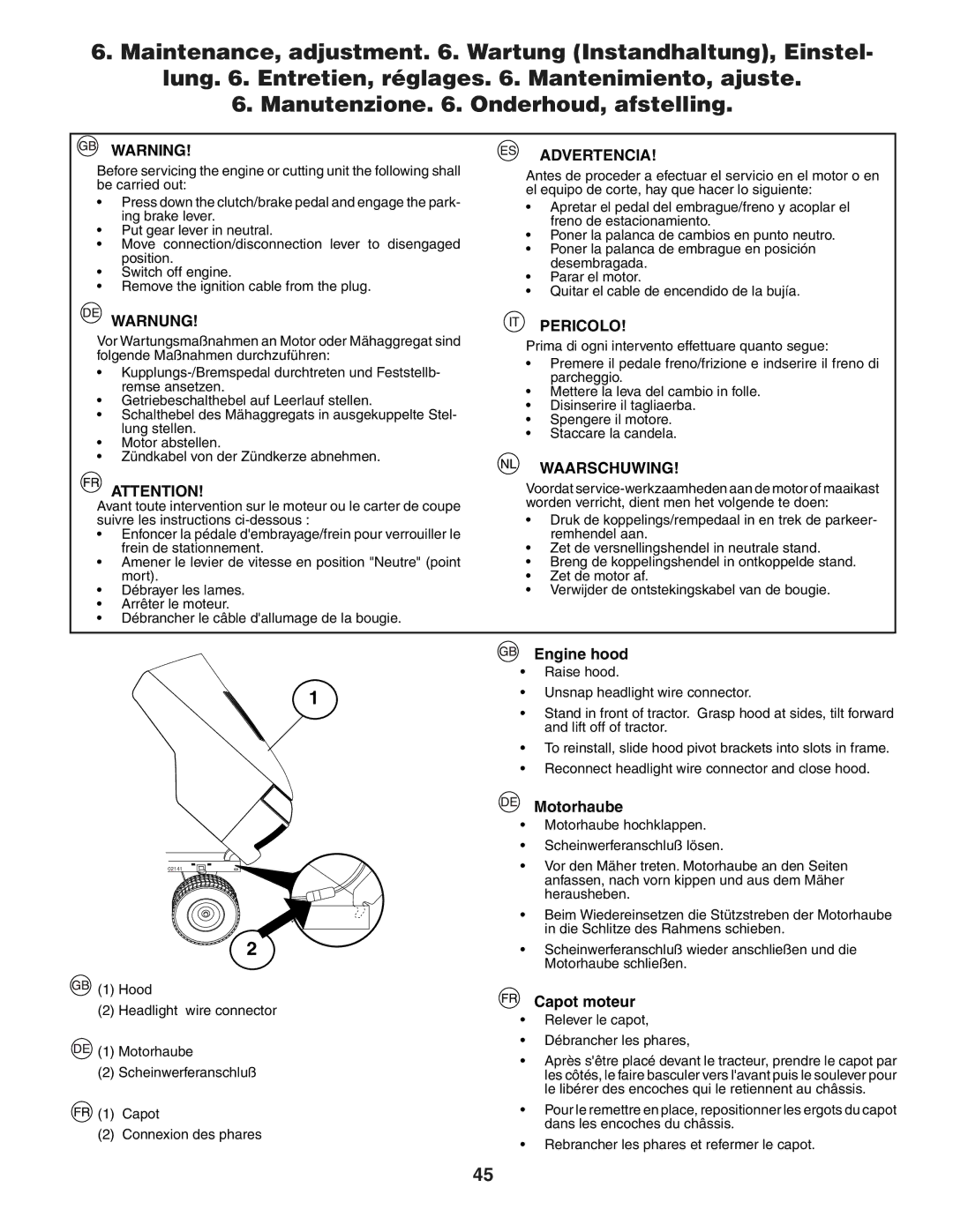 Jonsered LT2118A instruction manual Engine hood, Motorhaube, Capot moteur, Relever le capot Débrancher les phares 