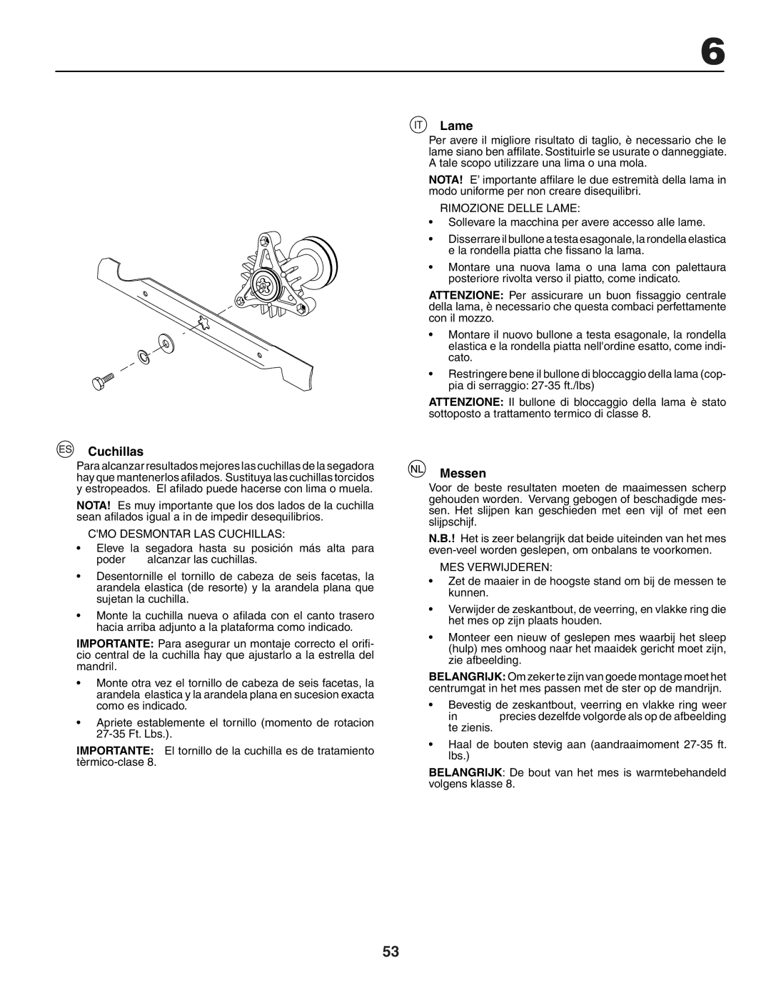 Jonsered LT2118A instruction manual Cuchillas, Lame, Messen, Eleve la segadora hasta su posición más alta para Poder 