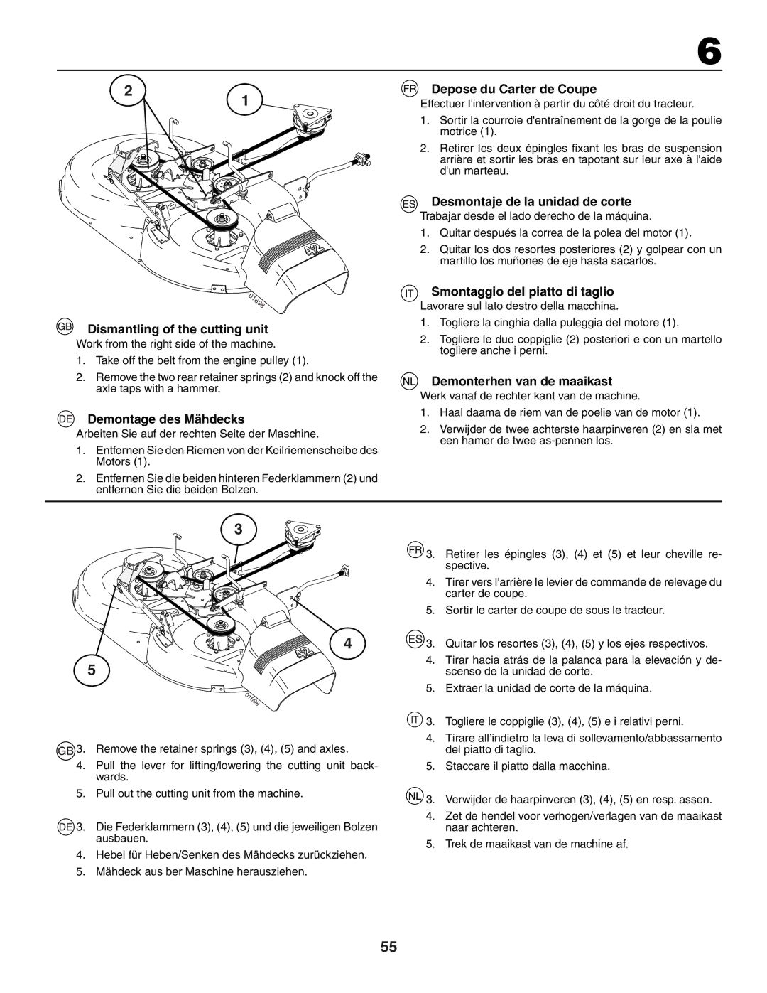 Jonsered LT2118A instruction manual Dismantling of the cutting unit, Demontage des Mähdecks, Depose du Carter de Coupe 