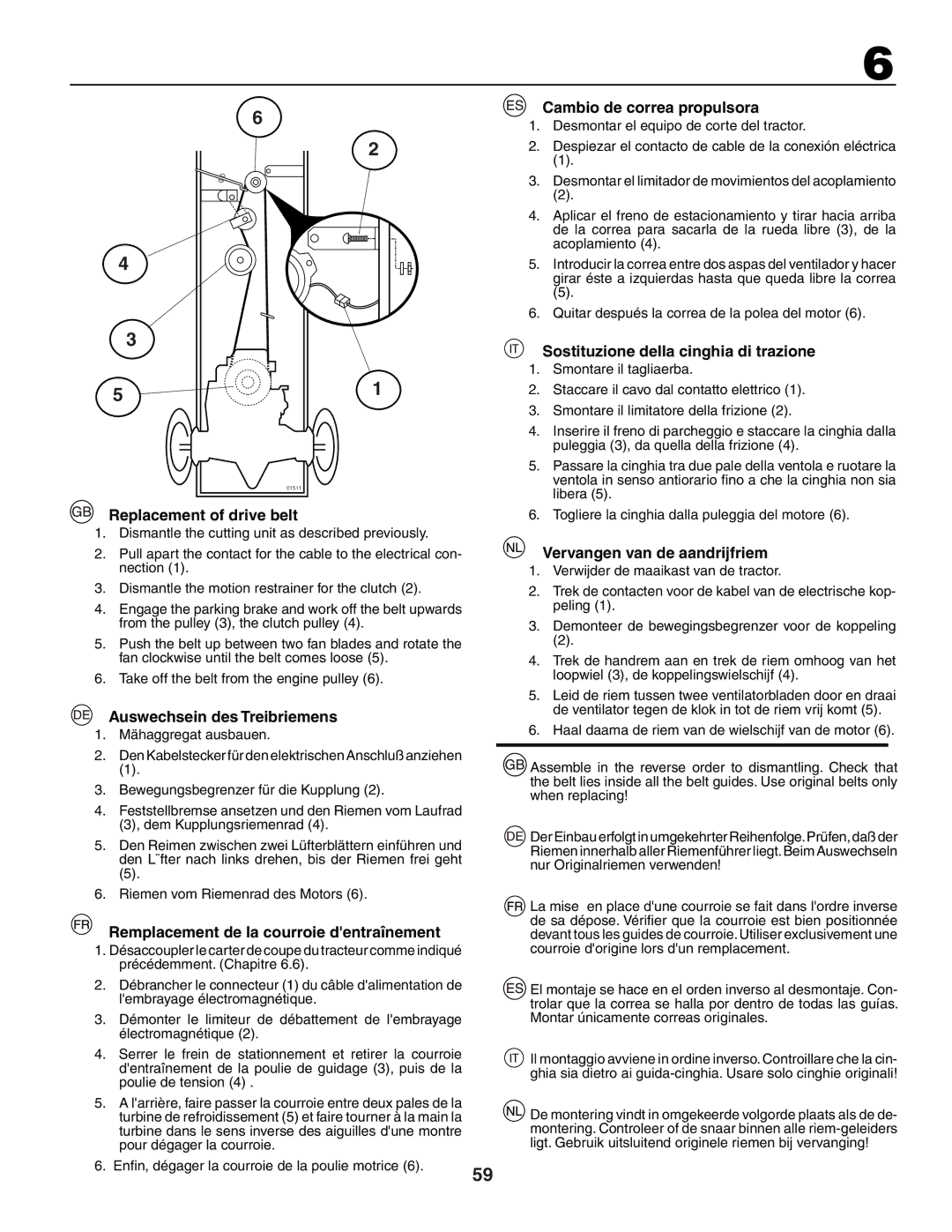 Jonsered LT2118A Replacement of drive belt, Auswechsein des Treibriemens, Remplacement de la courroie dentraînement 