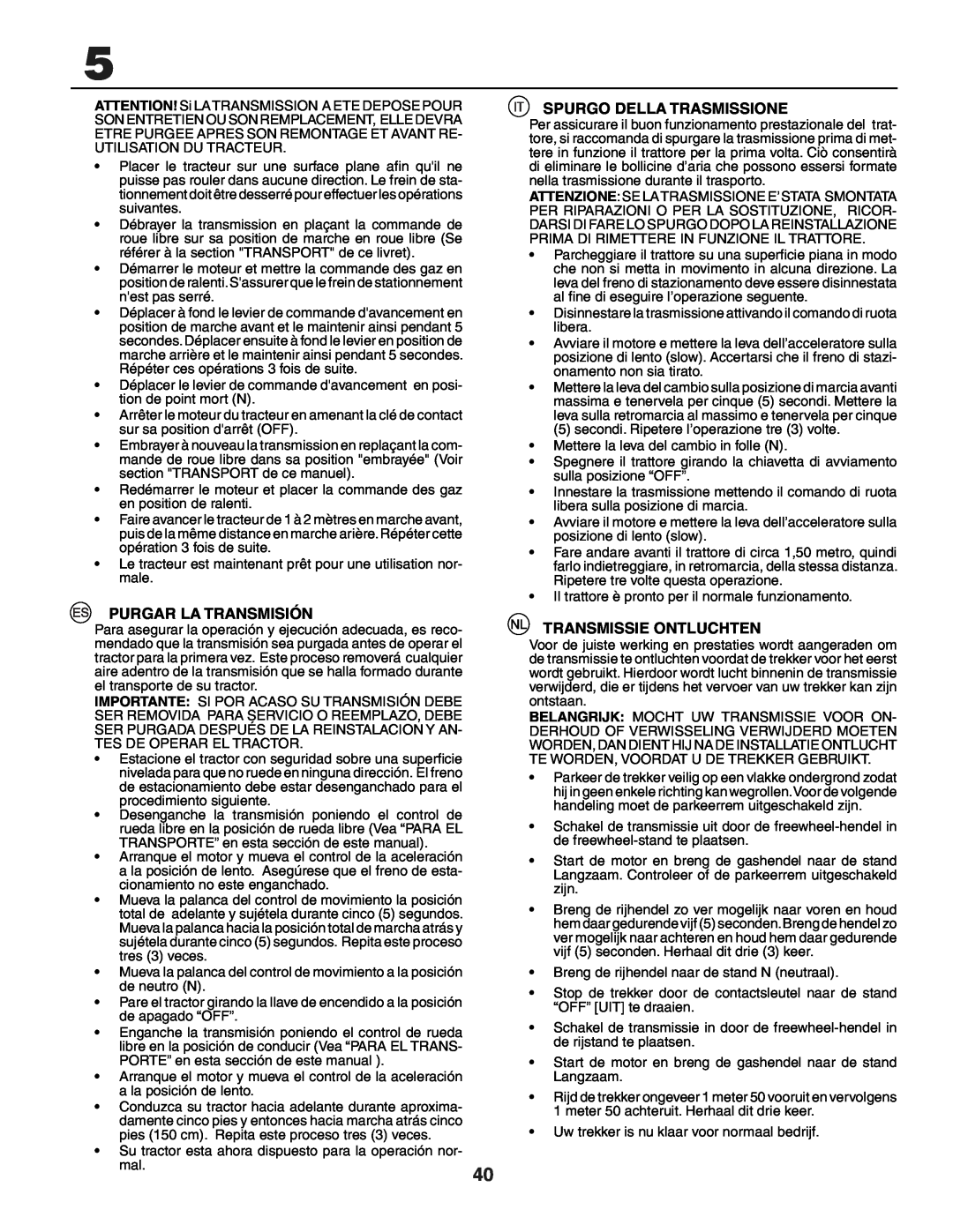 Jonsered LT2118A instruction manual Purgar La Transmisión, Spurgo Della Trasmissione, Transmissie Ontluchten 
