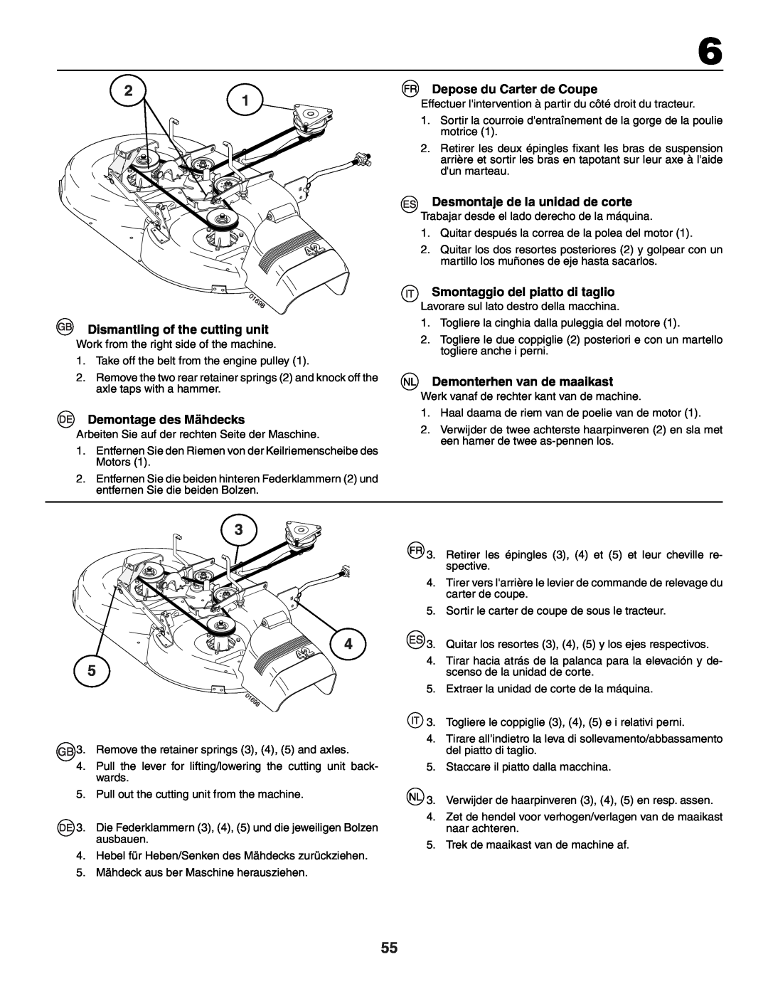 Jonsered LT2118A instruction manual Dismantling of the cutting unit, Demontage des Mähdecks, Depose du Carter de Coupe 