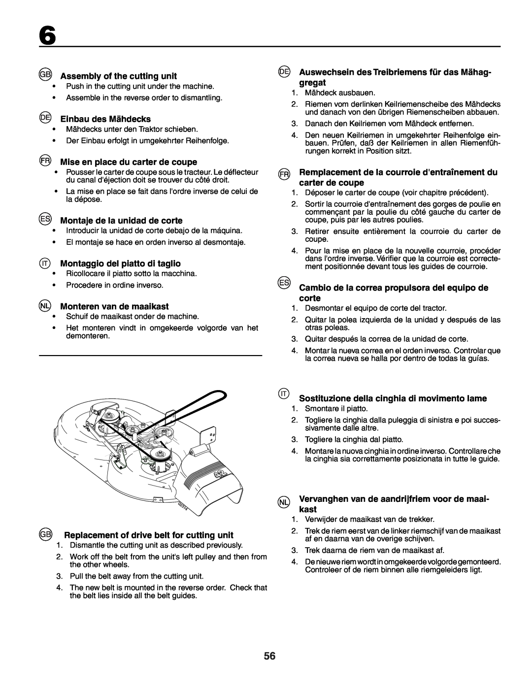 Jonsered LT2118A instruction manual Assembly of the cutting unit, Einbau des Mähdecks, Mise en place du carter de coupe 