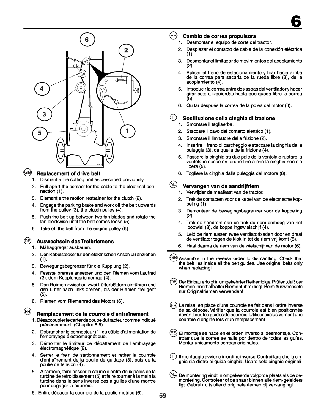 Jonsered LT2118A Replacement of drive belt, Auswechsein des Treibriemens, Remplacement de la courroie dentraînement 