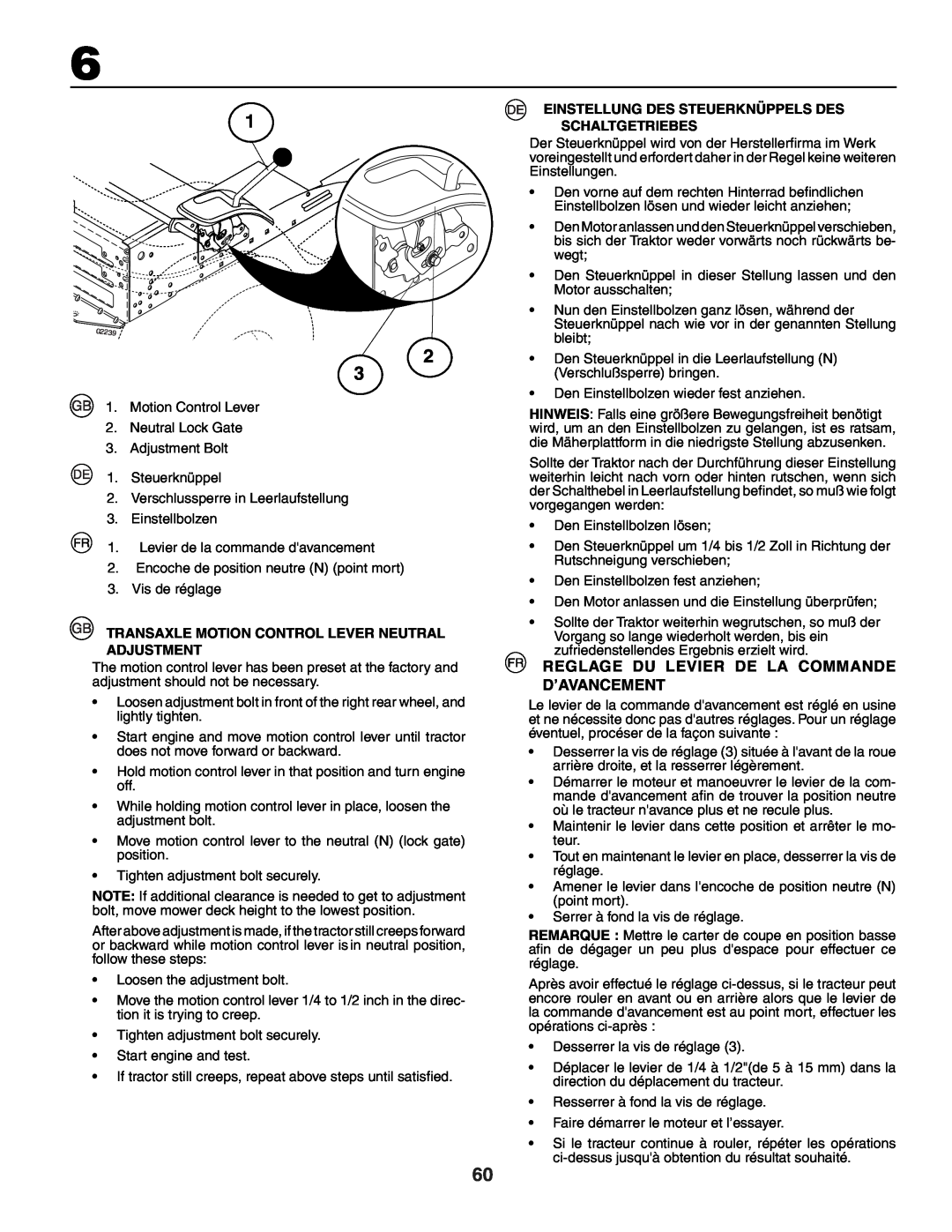 Jonsered LT2118A Reglage Du Levier De La Commande D’Avancement, Transaxle Motion Control Lever Neutral Adjustment 