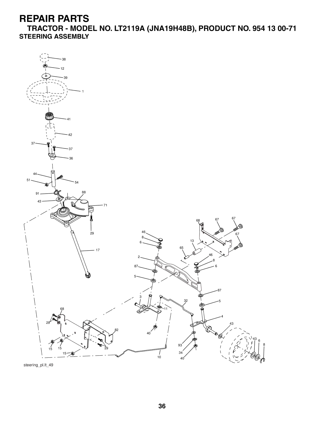 Jonsered LT2119A manual Steering Assembly 