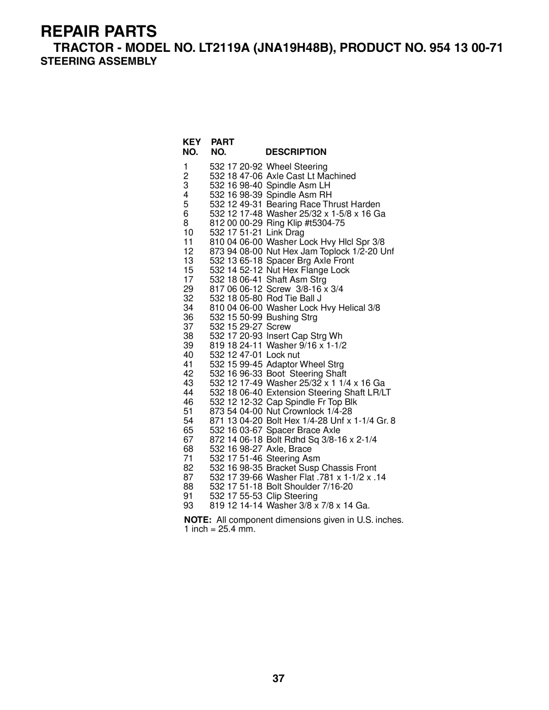 Jonsered LT2119A manual Repair Parts 