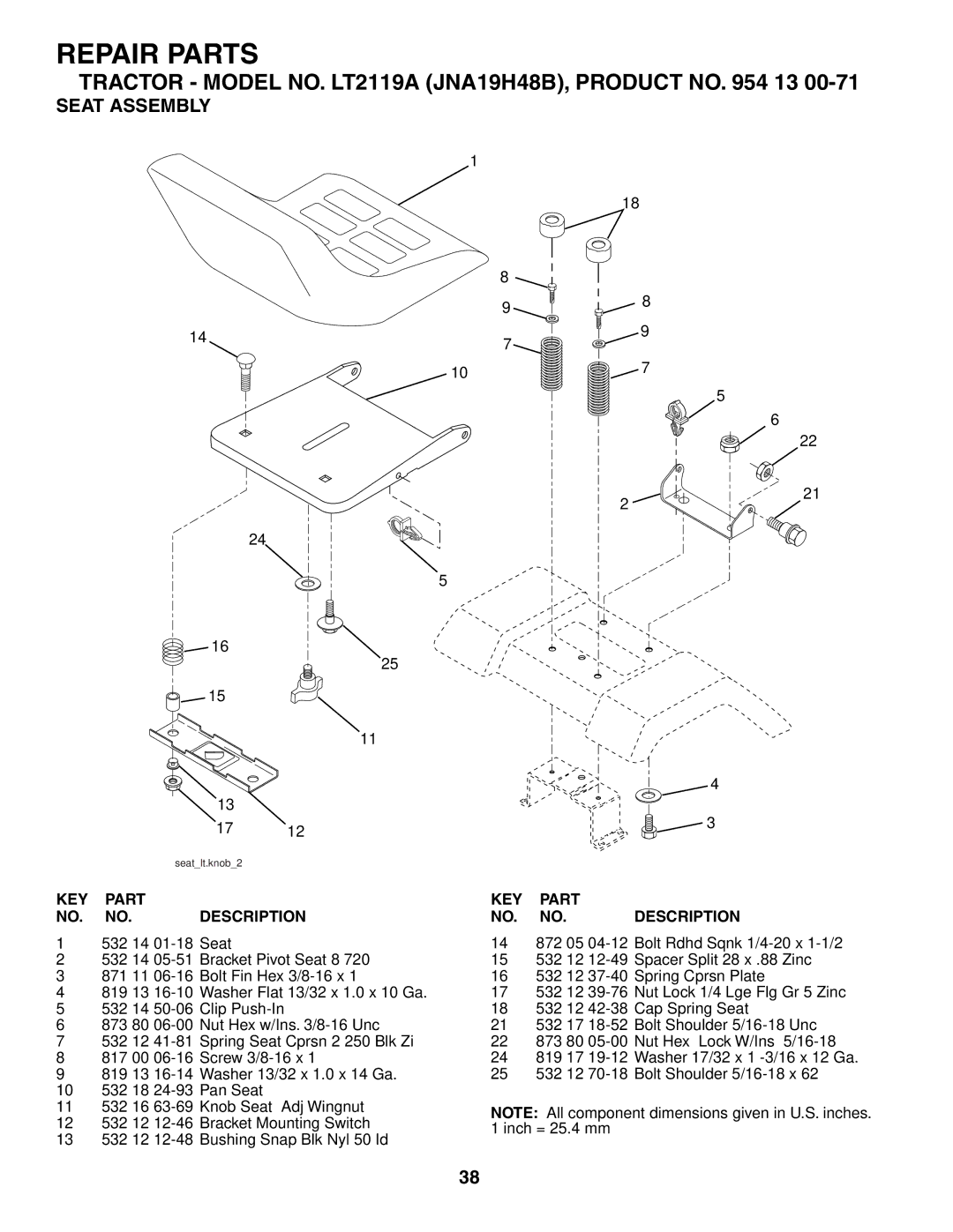 Jonsered LT2119A manual Seat Assembly 