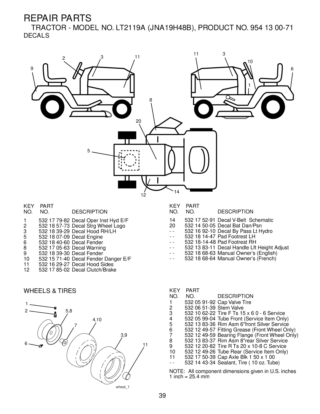 Jonsered LT2119A manual Decals, Wheels & Tires 