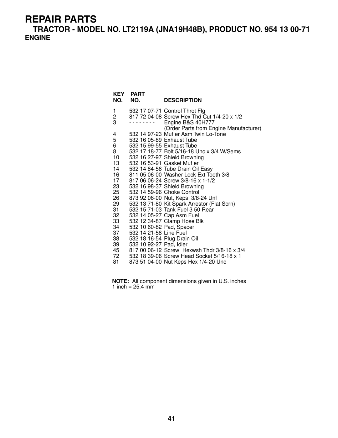 Jonsered LT2119A manual KEY Part NO. NO. Description 